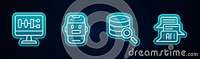 Set line Algorithm, Chat bot, Server and . Glowing neon icon. Vector Vector Illustration