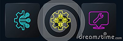 Set line Algorithm, Location with wrench spanner and Processor. Black square button. Vector Vector Illustration