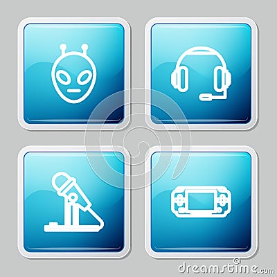 Set line Alien, Headphones, Microphone and Portable video game console icon. Vector Vector Illustration