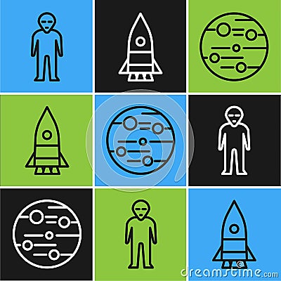 Set line Alien, Planet Mars and Rocket ship icon. Vector Vector Illustration