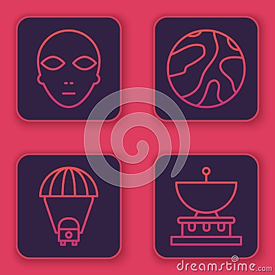 Set line Alien, Planet Saturn, Falling stars and Planet Saturn. Blue square button Vector Illustration