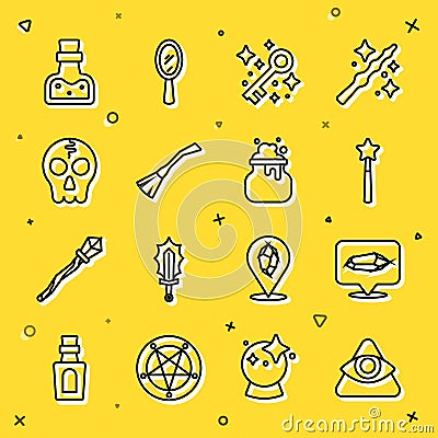 Set line All-seeing eye of God, Magic stone, wand, Old magic key, Witches broom, Skull, Bottle with potion and cauldron Stock Photo