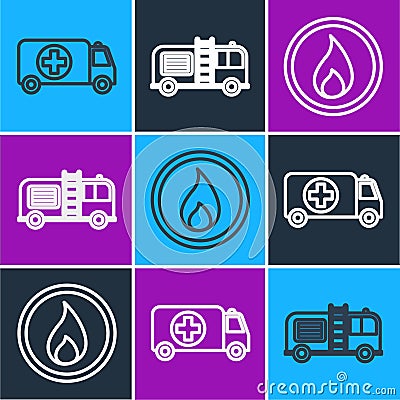 Set line Ambulance and emergency car, Fire flame and Fire truck icon. Vector Vector Illustration