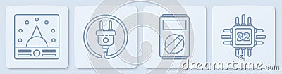 Set line Ampere meter, multimeter, voltmeter, Multimeter, Electric plug and Processor with microcircuits CPU. White Vector Illustration