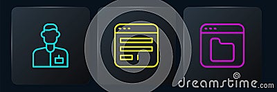 Set line Analyst engineer, Browser files and window. Black square button. Vector Vector Illustration