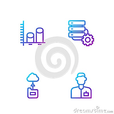 Set line Analyst engineer, Cloud technology data transfer, Data analysis and Server and gear. Gradient color icons Vector Illustration