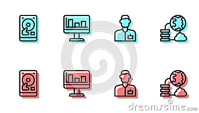Set line Analyst engineer, Hard disk drive HDD, Monitor with graph chart and Network cloud connection icon. Vector Vector Illustration
