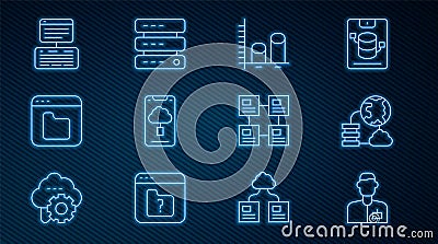 Set line Analyst engineer, Network cloud connection, Data analysis, Cloud technology data transfer, Browser files Vector Illustration