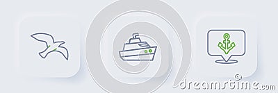 Set line Anchor, Speedboat and Bird seagull icon. Vector Vector Illustration