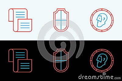 Set line Ancient coin, Decree, parchment, scroll and Shield icon. Vector Stock Photo