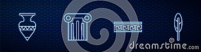 Set line Ancient Greek pattern, amphorae, column and Feather pen. Glowing neon icon on brick wall. Vector Vector Illustration