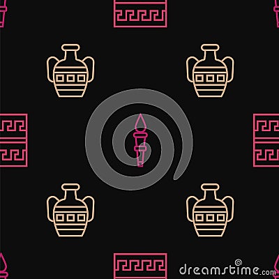 Set line Ancient Greek pattern, amphorae and Torch flame on seamless pattern. Vector Vector Illustration