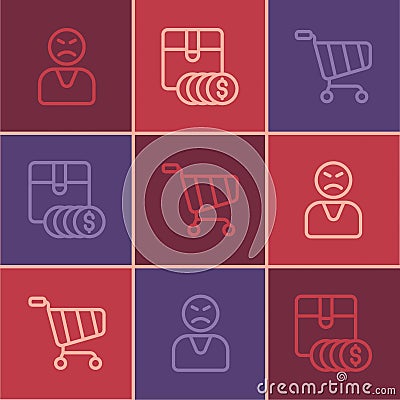 Set line Angry customer, Shopping cart and Item price tag with dollar icon. Vector Stock Photo