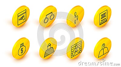 Set line Anonymous with question mark, Suspect criminal, Prisoner, Money bag, Law book, Footsteps, Handcuffs and Stock Photo