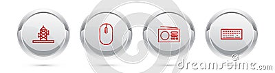 Set line Antenna, Computer mouse, Radio and Keyboard. Silver circle button. Vector Vector Illustration