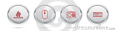 Set line Antenna, Computer mouse, Radio and Keyboard. Silver circle button. Vector Vector Illustration