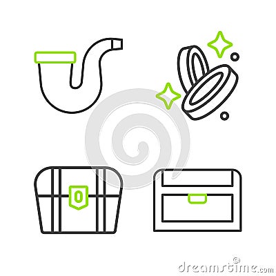 Set line Antique treasure chest, Pirate coin and Smoking pipe icon. Vector Stock Photo