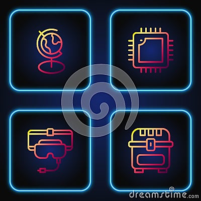 Set line Antique treasure chest, Virtual reality glasses, Earth globe and Processor with CPU. Gradient color icons Vector Illustration