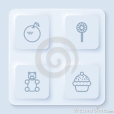 Set line Apple, Lollipop, Jelly bear candy and Cupcake. White square button. Vector Vector Illustration