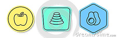 Set line Apple, Stack hot stones and Avocado fruit. Colored shapes. Vector Vector Illustration