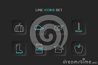 Set line Apple, Teapot, Jam jar, Waterproof rubber boot, Garden rake, Roasted turkey or chicken, Hedgehog and Pumpkin Vector Illustration