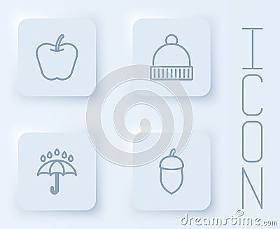 Set line Apple, Winter hat, Umbrella and rain drops and Acorn. White square button. Vector Vector Illustration