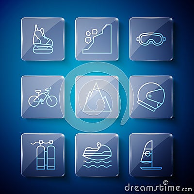 Set line Aqualung, Jet ski, Windsurfing, Ski goggles, Mountains, Bicycle, Skates and Helmet icon. Vector Vector Illustration