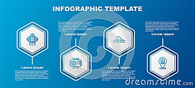 Set line Aqualung, Photo camera for diver, Shark and Scallop sea shell. Business infographic template. Vector Vector Illustration