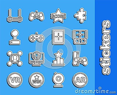 Set line Ar, augmented reality, Game console with joystick, Portable video game, Star, Gamepad, Joystick for arcade Vector Illustration