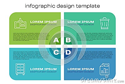 Set line Archive papers drawer, Identification badge, Document with graph chart and Trash can. Business infographic Vector Illustration