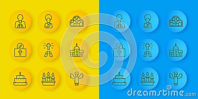 Set line Ark of noah, Donation for church, Hands in praying position, Angel, Church building, Stained glass and Jesus Vector Illustration