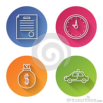 Set line The arrest warrant, Clock, Money bag and Police car and flasher. Color circle button. Vector Vector Illustration