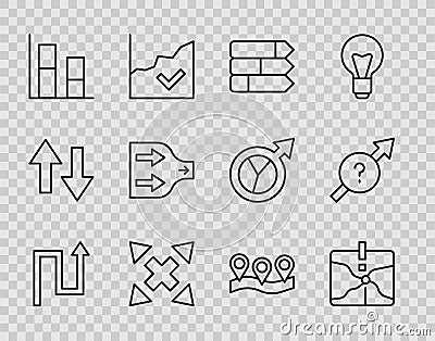 Set line Arrow, Intersection point, Pie chart infographic, Many ways directional arrow, Graph, chart, diagram, Location Vector Illustration