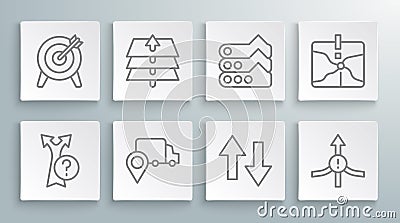 Set line Arrow, Layers, Delivery tracking, Graph, chart, diagram, Intersection point and Target icon. Vector Vector Illustration
