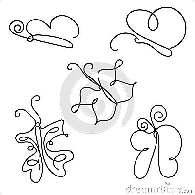 Set of line art butterflies Cartoon Illustration