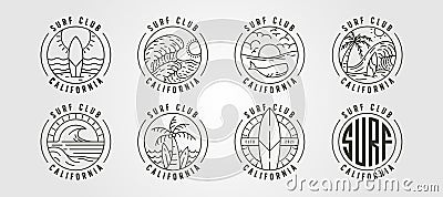 Set of line art california surf club icon logo vector illustration design, ocean landscape minimal logo design Vector Illustration