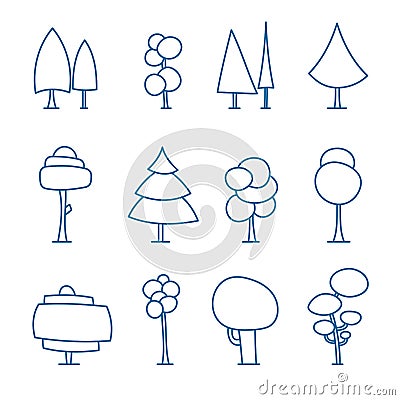 Set of line art cartoon trees, hand drawn forest, doodle vector. Isolated on white. For coloration Vector Illustration