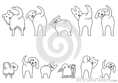 Set of line art funny dogs showing their butts Vector Illustration