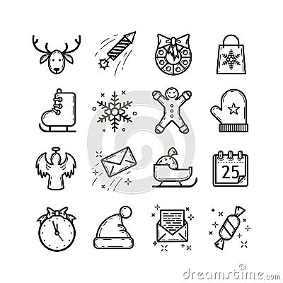 Set of line art vector icons on the theme of Christmas holidays Vector Illustration