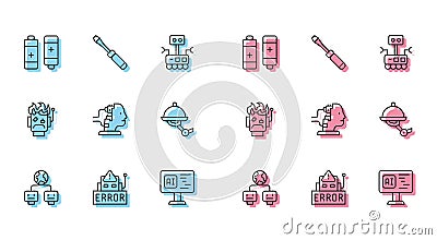 Set line Artificial intelligence, Error robot, Battery, Software, Robot for maintenance, Waiter, burned out and Vector Illustration