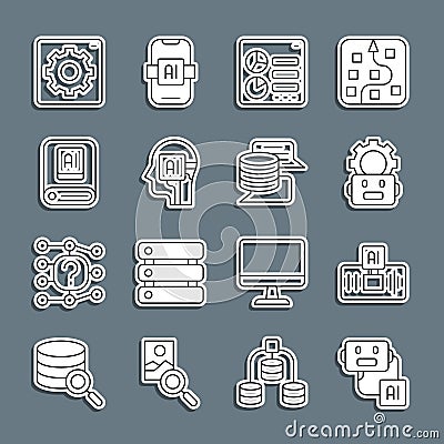 Set line Artificial intelligence robot, AI, Robot setting, Computer api interface, Humanoid, and Server, Data icon Vector Illustration