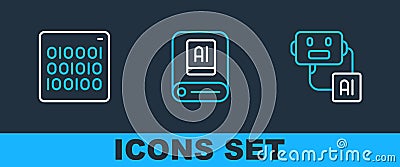Set line Artificial intelligence robot, Binary code and AI icon. Vector Stock Photo