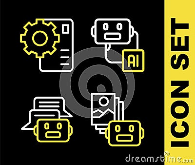 Set line Artificial intelligence robot, Chat and Neural network icon. Vector Stock Photo