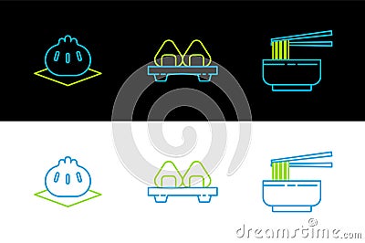 Set line Asian noodles in bowl and chopsticks, Khinkali on cutting board and Sushi icon. Vector Vector Illustration