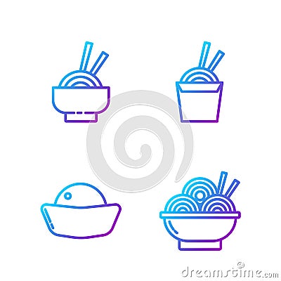 Set line Asian noodles in bowl, Sushi, Asian noodles in bowl and Asian noodles in paper box and chopsticks. Gradient Vector Illustration