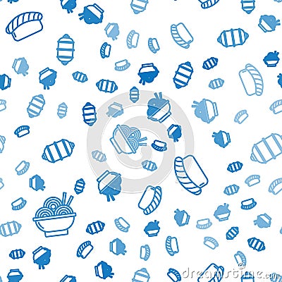 Set line Asian noodles in bowl, Sushi and Chinese paper lantern on seamless pattern. Vector Vector Illustration