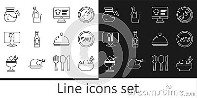 Set line Asian noodles in bowl, Toilet, Online ordering and delivery, Wine bottle, Cafe restaurant location, Coffee pot Vector Illustration