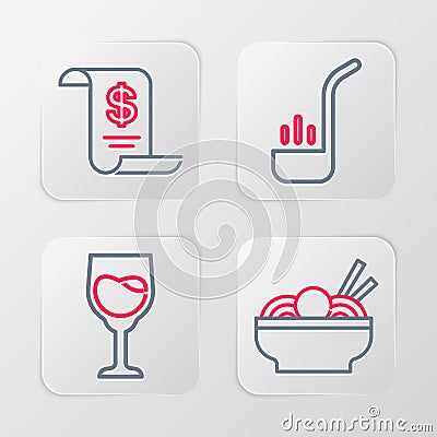 Set line Asian noodles in bowl, Wine glass, Kitchen ladle and Paper or financial check icon. Vector Vector Illustration