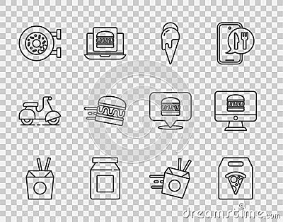Set line Asian noodles and chopsticks, Online ordering pizza delivery, Ice cream, Donut, burger, and icon. Vector Stock Photo