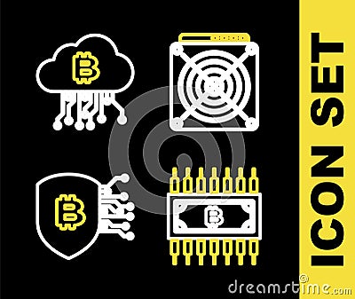 Set line ASIC Miner, Cryptocurrency bitcoin with circuit, Shield and cloud mining icon. Vector Editorial Stock Photo